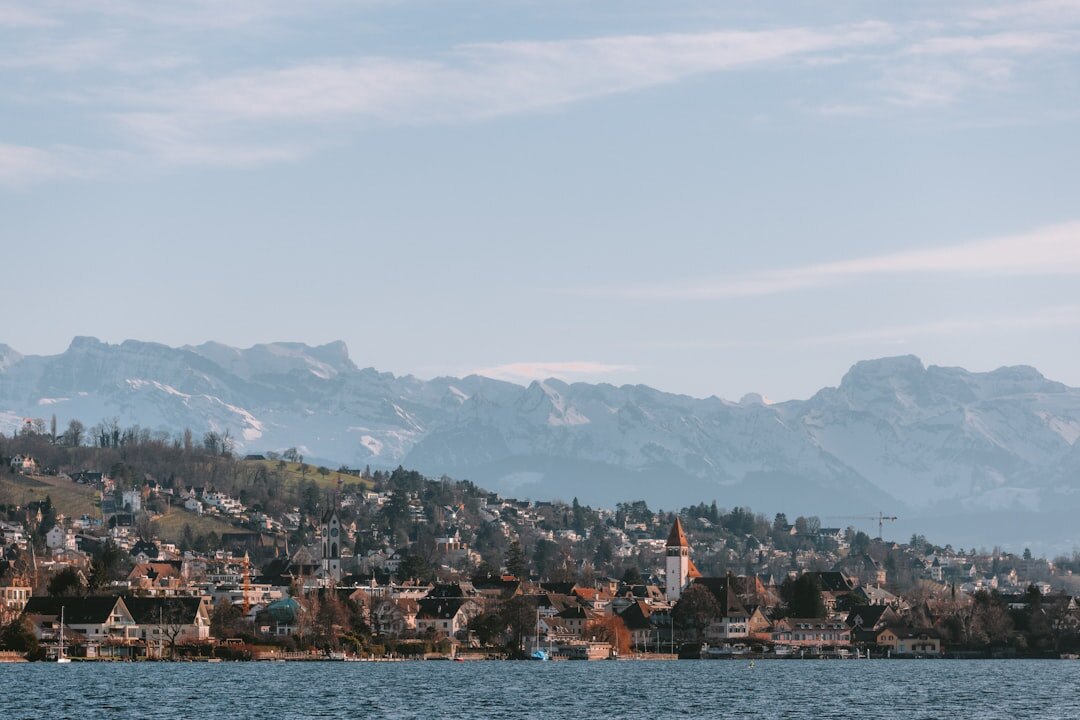 Zurich cityscape with lake and mountains in the background